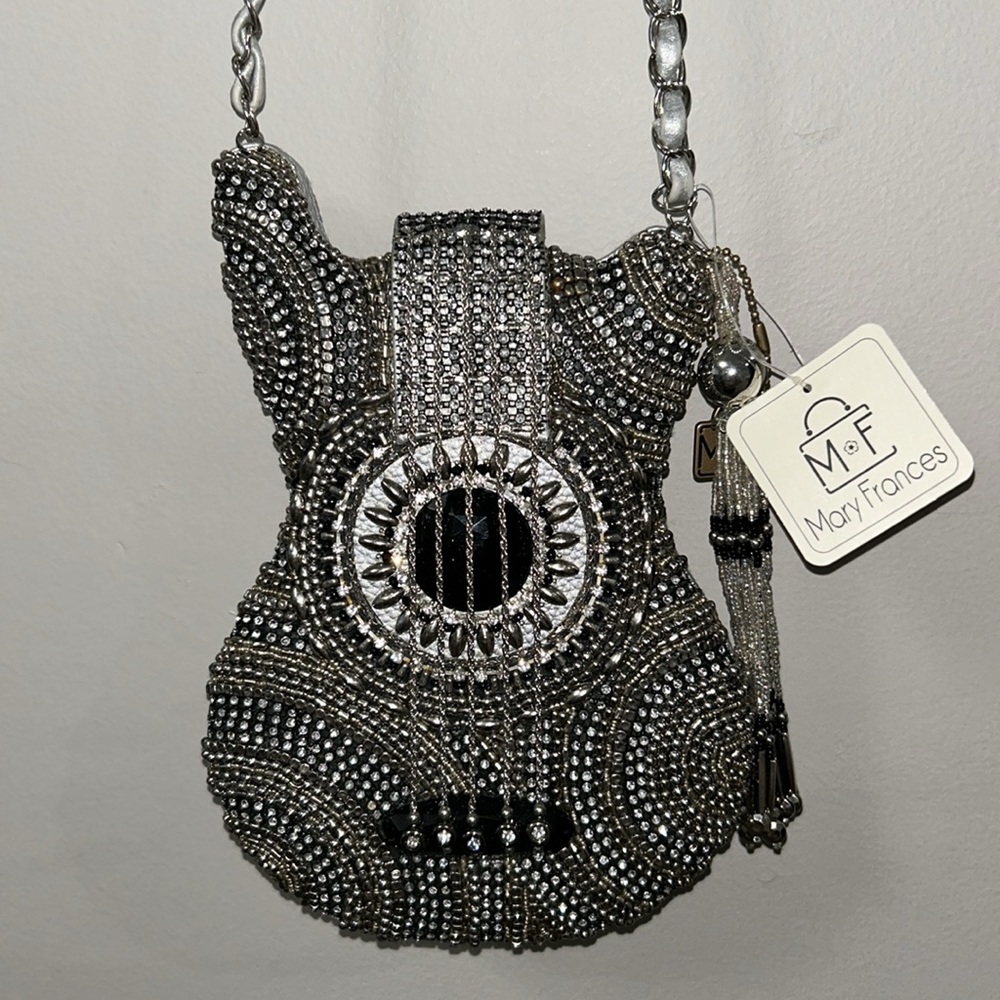 On Tour Beaded Silver Crossbody Guitar Handbag